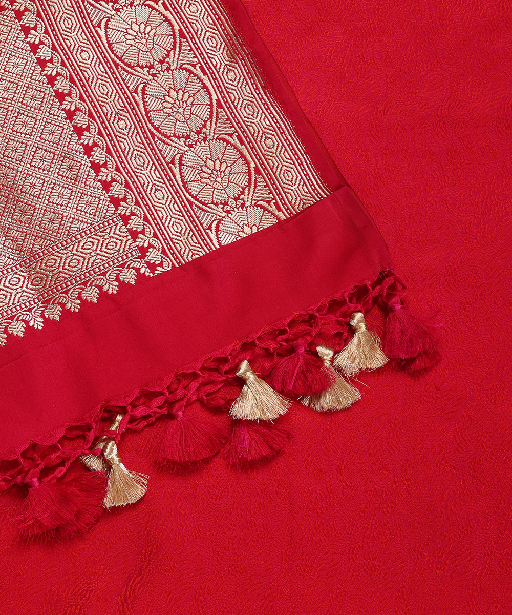 Red Pure Satin Silk Handloom Tanchoi Banarasi Dupatta with Zari Border
