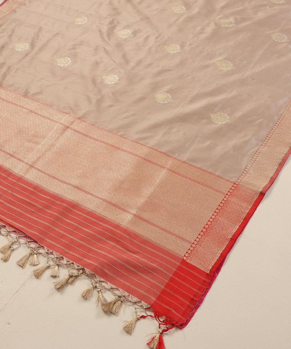 Almond Color Handloom Pure Katan Silk Banarasi Dupatta With Kadhwa Boota With Pink Border