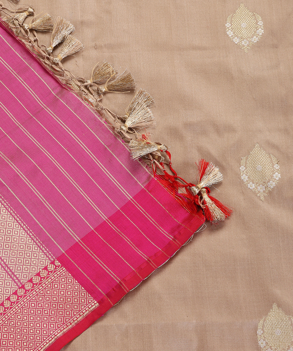 Almond Color Handloom Pure Katan Silk Banarasi Dupatta With Kadhwa Boota With Pink Border