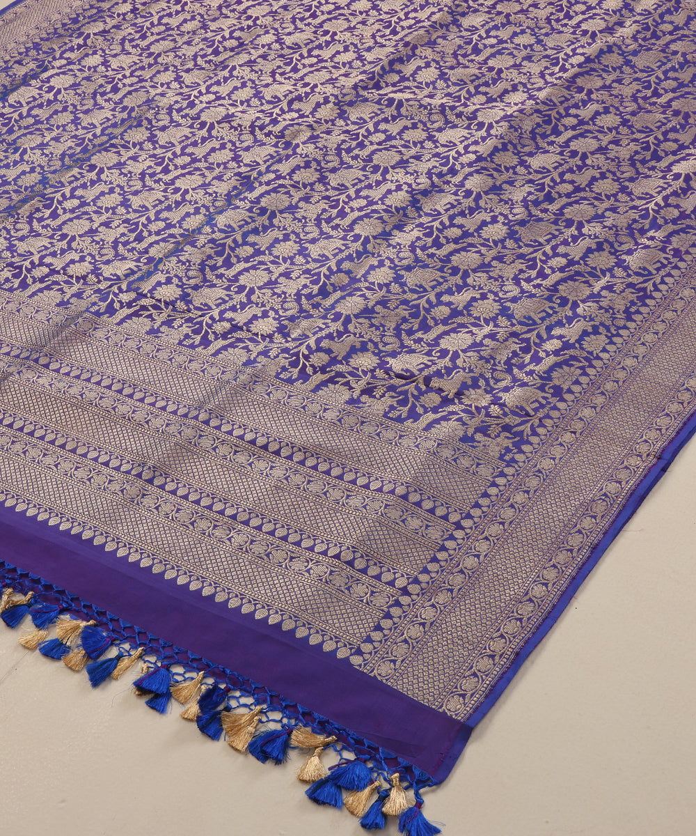 Blue and Purple Dual Tone Handloom Pure Katan Silk Kimkhab Shikargah Banarasi Dupatta