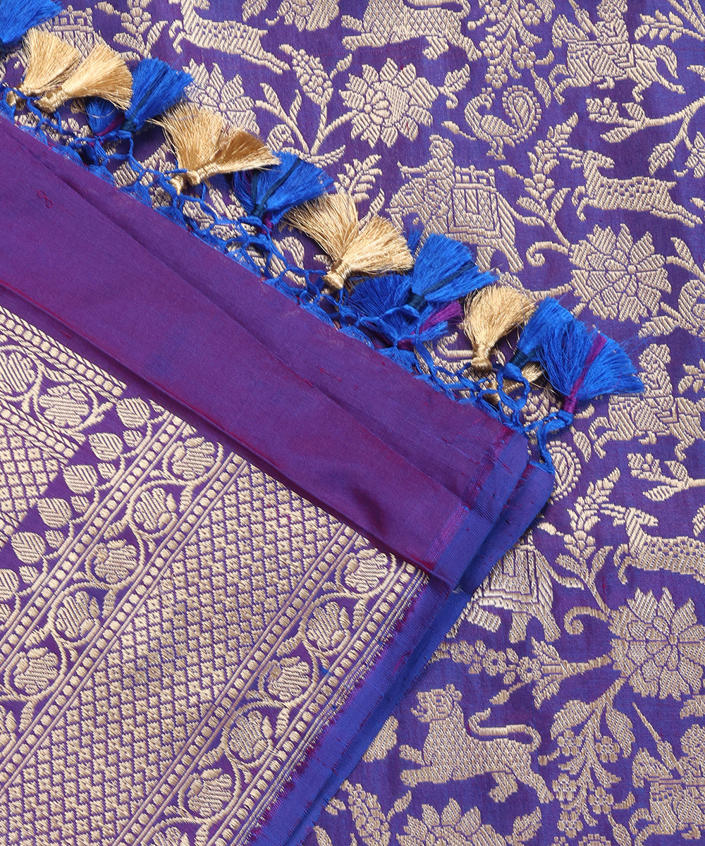 Blue and Purple Dual Tone Handloom Pure Katan Silk Kimkhab Shikargah Banarasi Dupatta