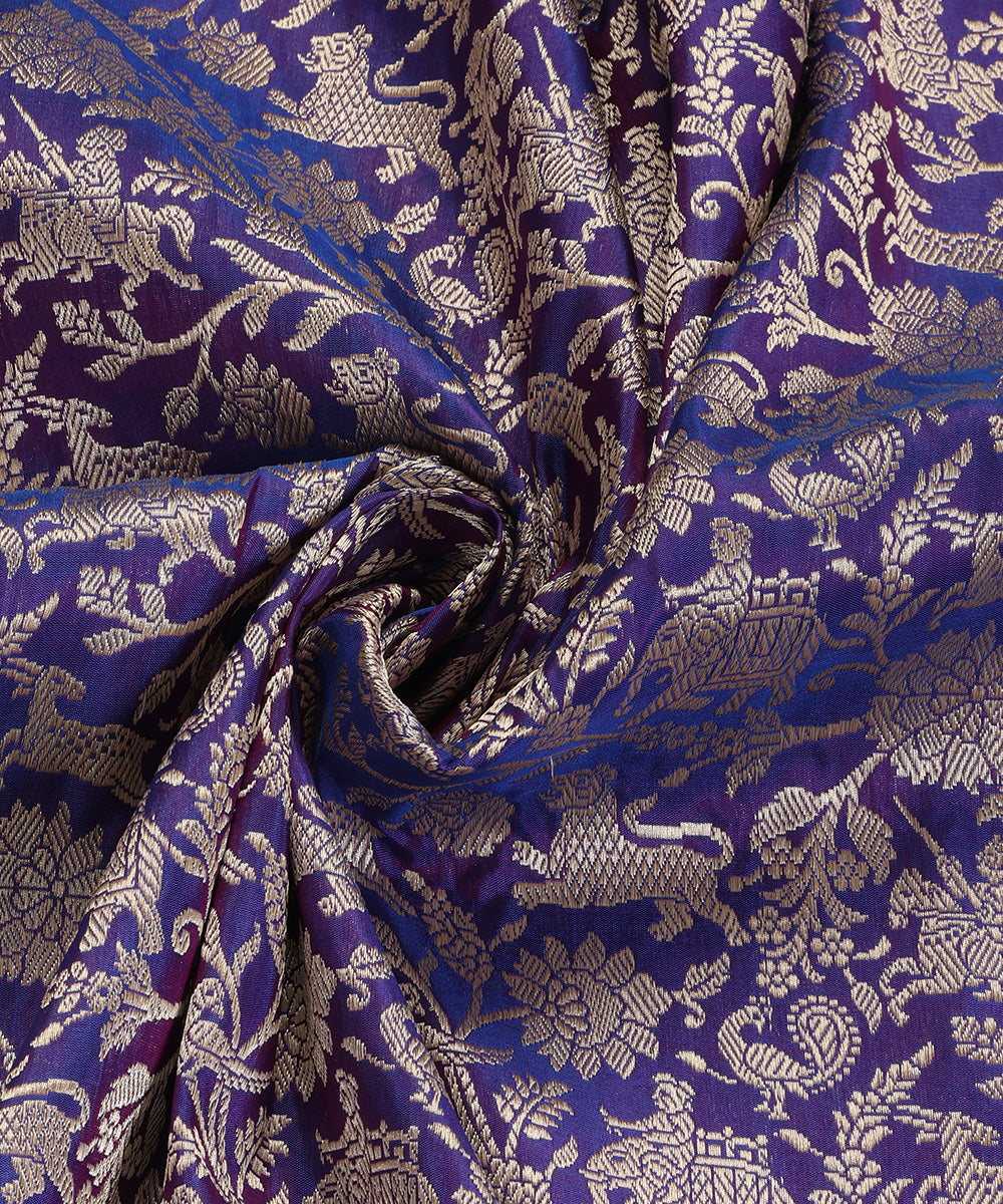 Blue and Purple Dual Tone Handloom Pure Katan Silk Kimkhab Shikargah Banarasi Dupatta