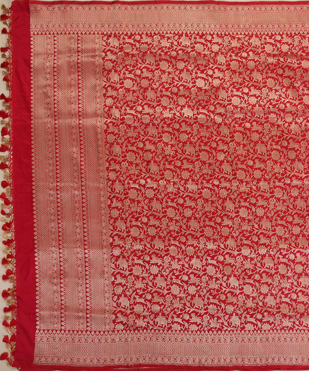 Red Handloom Pure Katan Silk Kimkhab Shikargah Banarasi Dupatta