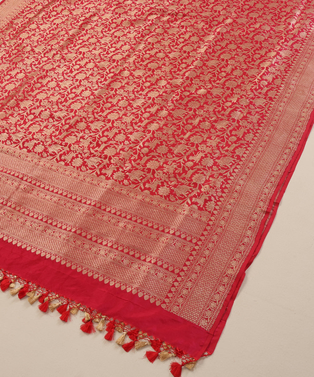 Red Handloom Pure Katan Silk Kimkhab Shikargah Banarasi Dupatta