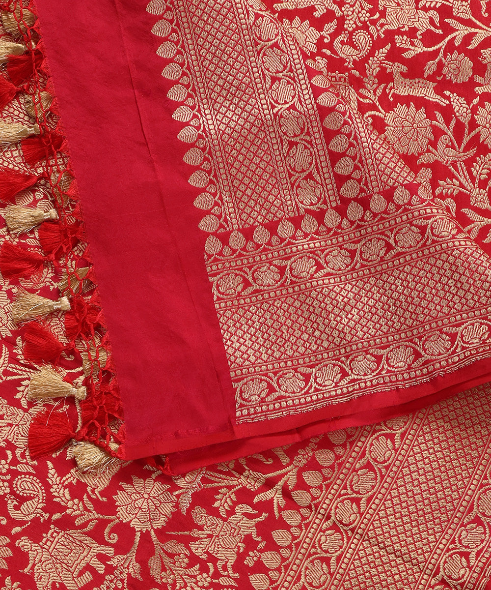 Red Handloom Pure Katan Silk Kimkhab Shikargah Banarasi Dupatta