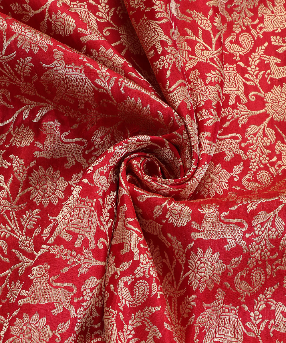 Red Handloom Pure Katan Silk Kimkhab Shikargah Banarasi Dupatta