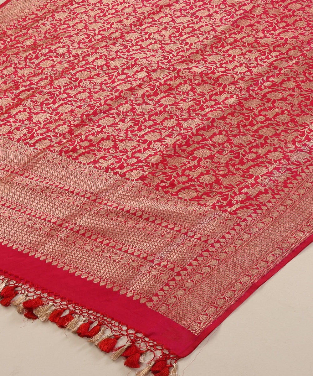 Rani Pink Handloom Pure Katan Silk Kimkhab Shikargah Banarasi Dupatta