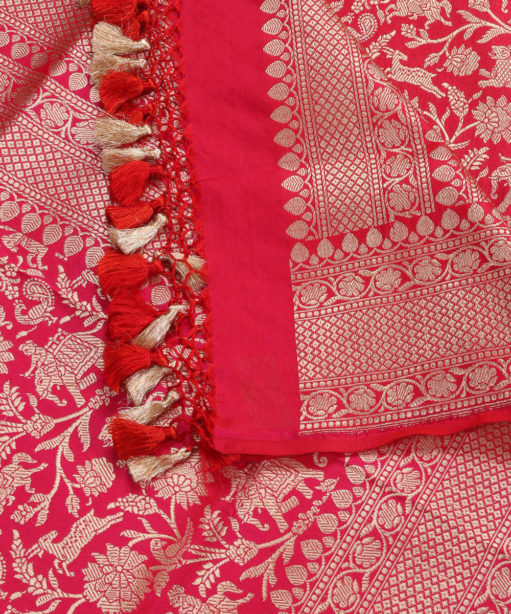 Rani Pink Handloom Pure Katan Silk Kimkhab Shikargah Banarasi Dupatta