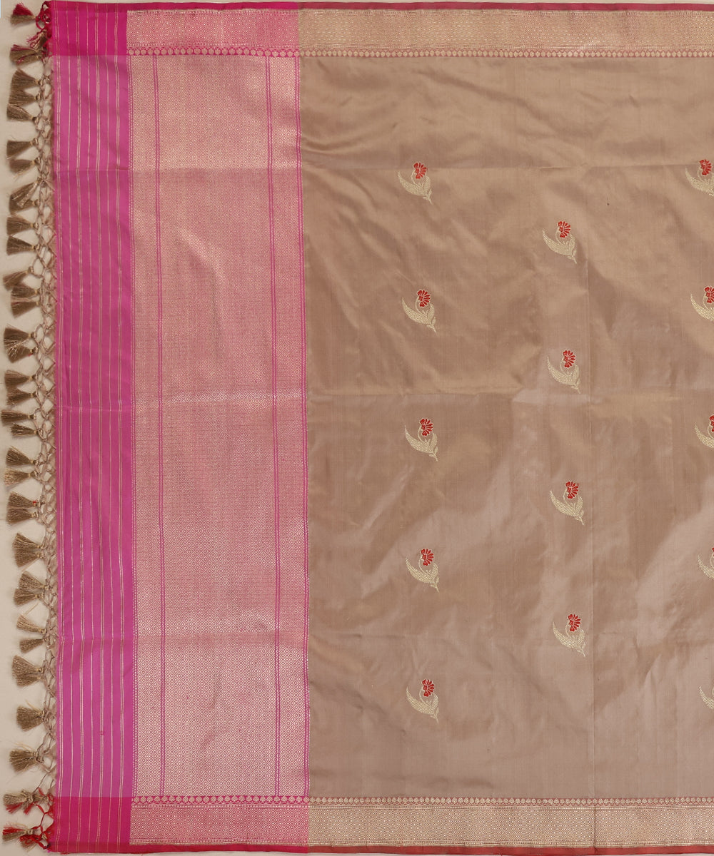 Almond Handloom Pure Katan Silk Banarasi Dupatta With Kadhwa Meenakari Boota and Pink Border