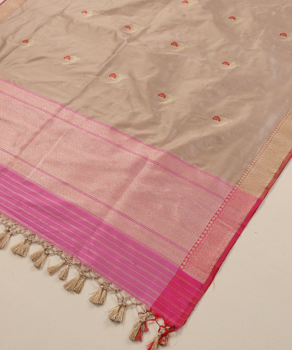 Almond Handloom Pure Katan Silk Banarasi Dupatta With Kadhwa Meenakari Boota and Pink Border