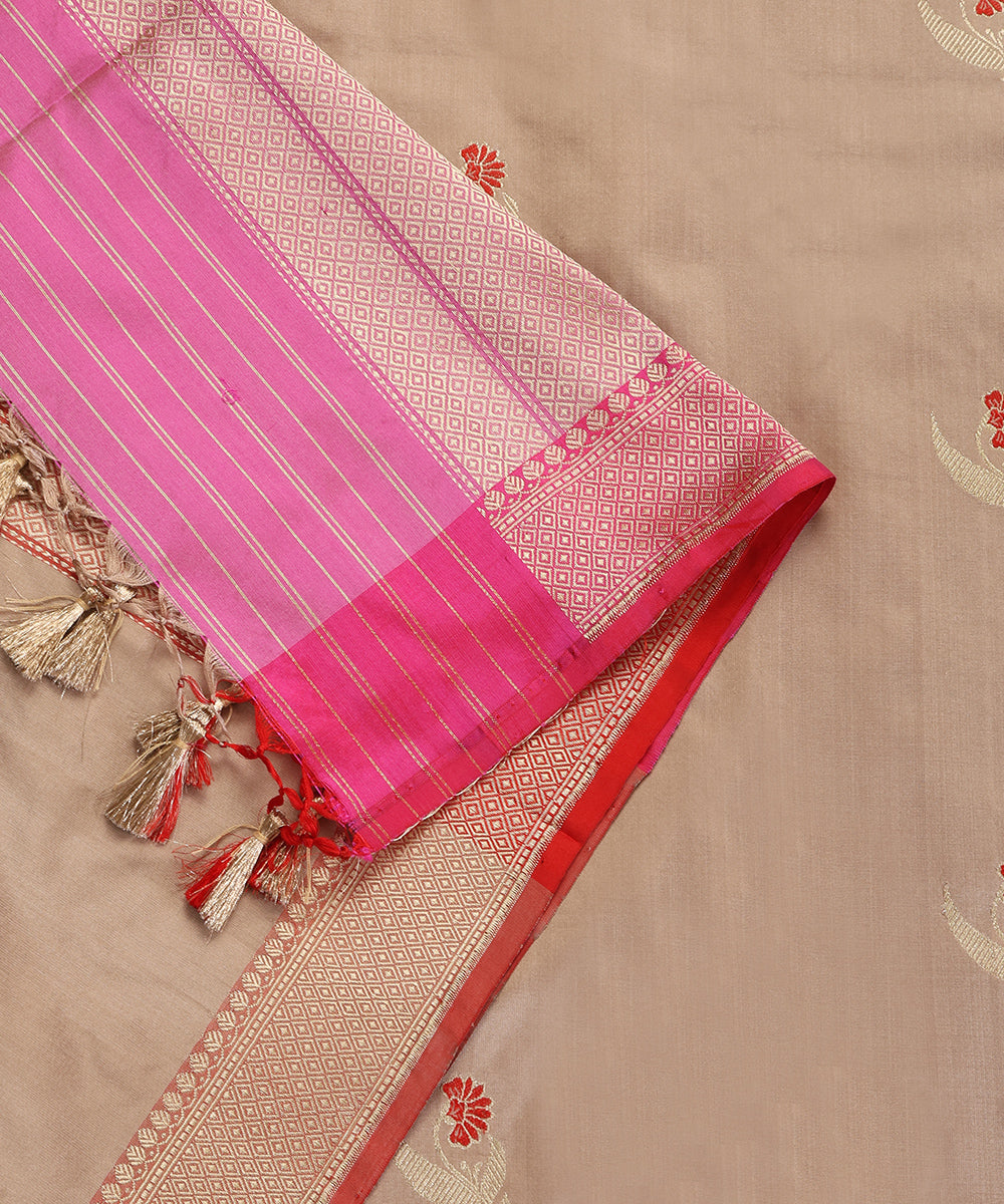 Almond Handloom Pure Katan Silk Banarasi Dupatta With Kadhwa Meenakari Boota and Pink Border
