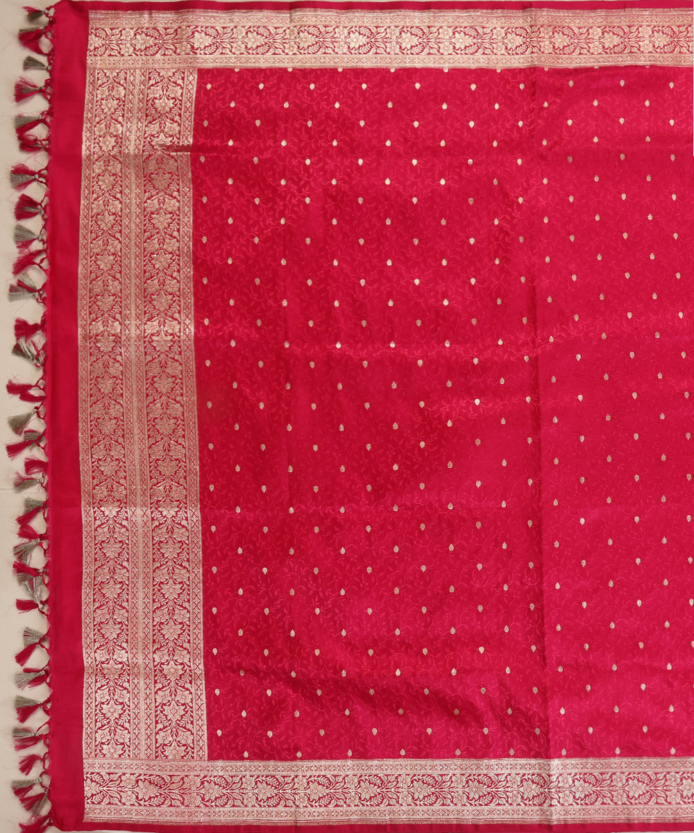 Rani Pink Pure Satin Silk Handloom Tanchoi Banarasi Dupatta with Zari Booti