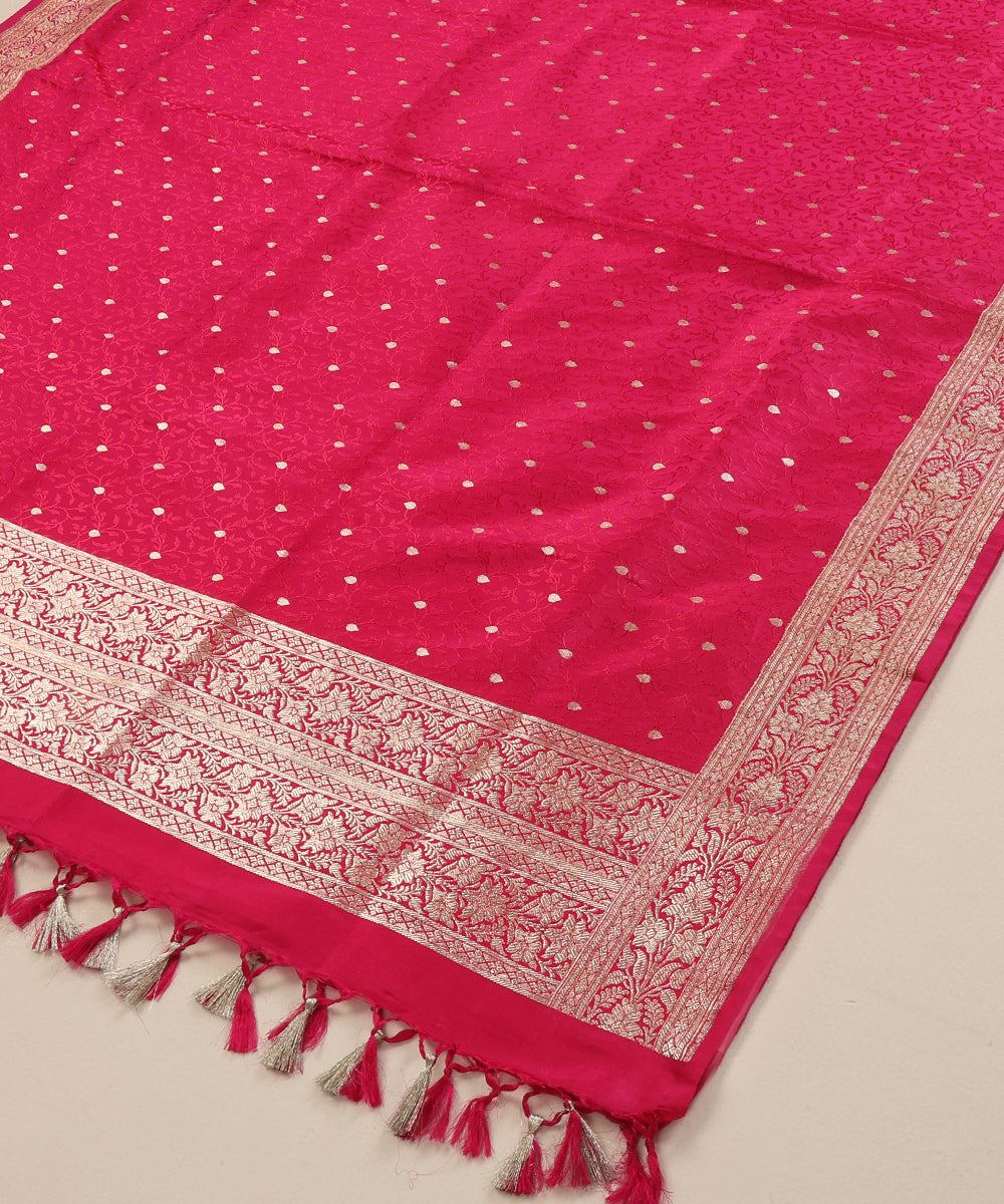 Rani Pink Pure Satin Silk Handloom Tanchoi Banarasi Dupatta with Zari Booti