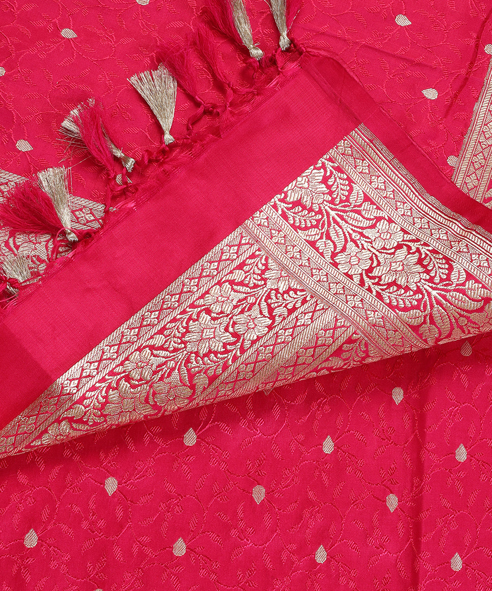 Rani Pink Pure Satin Silk Handloom Tanchoi Banarasi Dupatta with Zari Booti