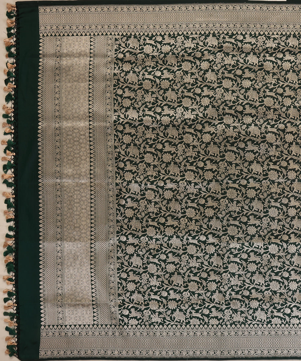 Bottle Green and Black Dual Tone Handloom Pure Katan Silk Kimkhab Shikargah Banarasi Dupatta