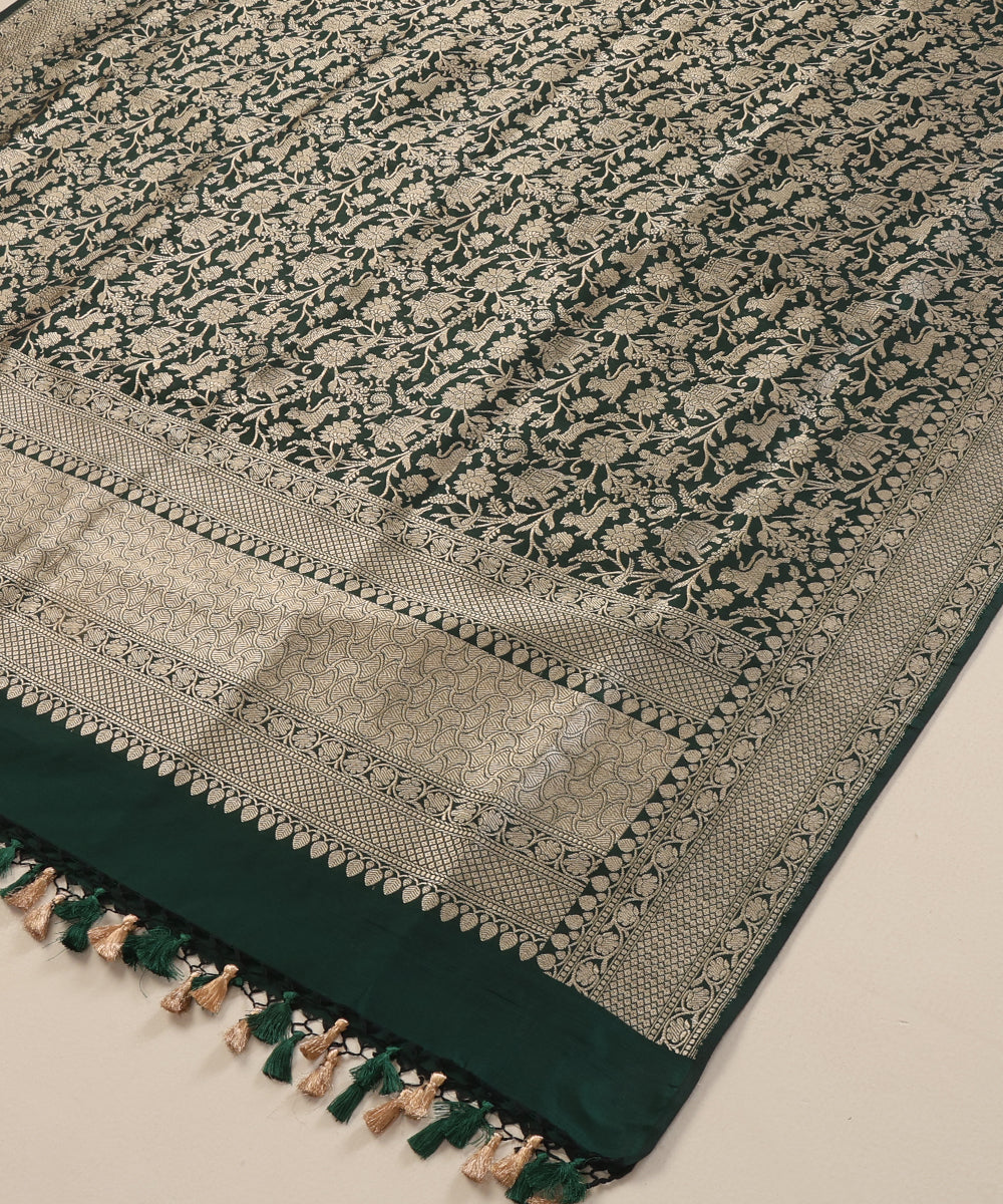 Bottle Green and Black Dual Tone Handloom Pure Katan Silk Kimkhab Shikargah Banarasi Dupatta