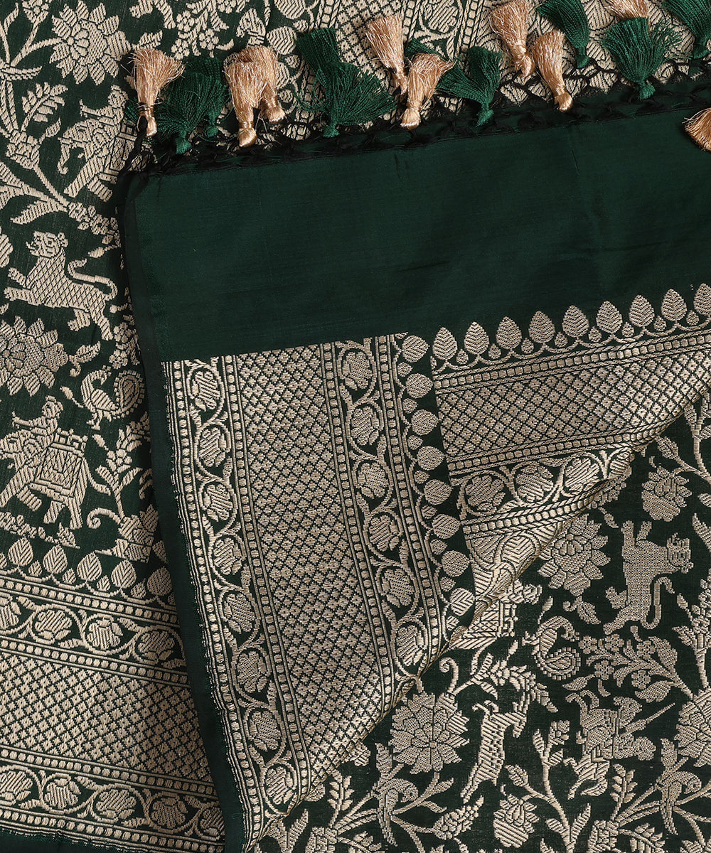 Bottle Green and Black Dual Tone Handloom Pure Katan Silk Kimkhab Shikargah Banarasi Dupatta
