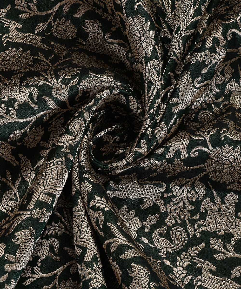 Bottle Green and Black Dual Tone Handloom Pure Katan Silk Kimkhab Shikargah Banarasi Dupatta