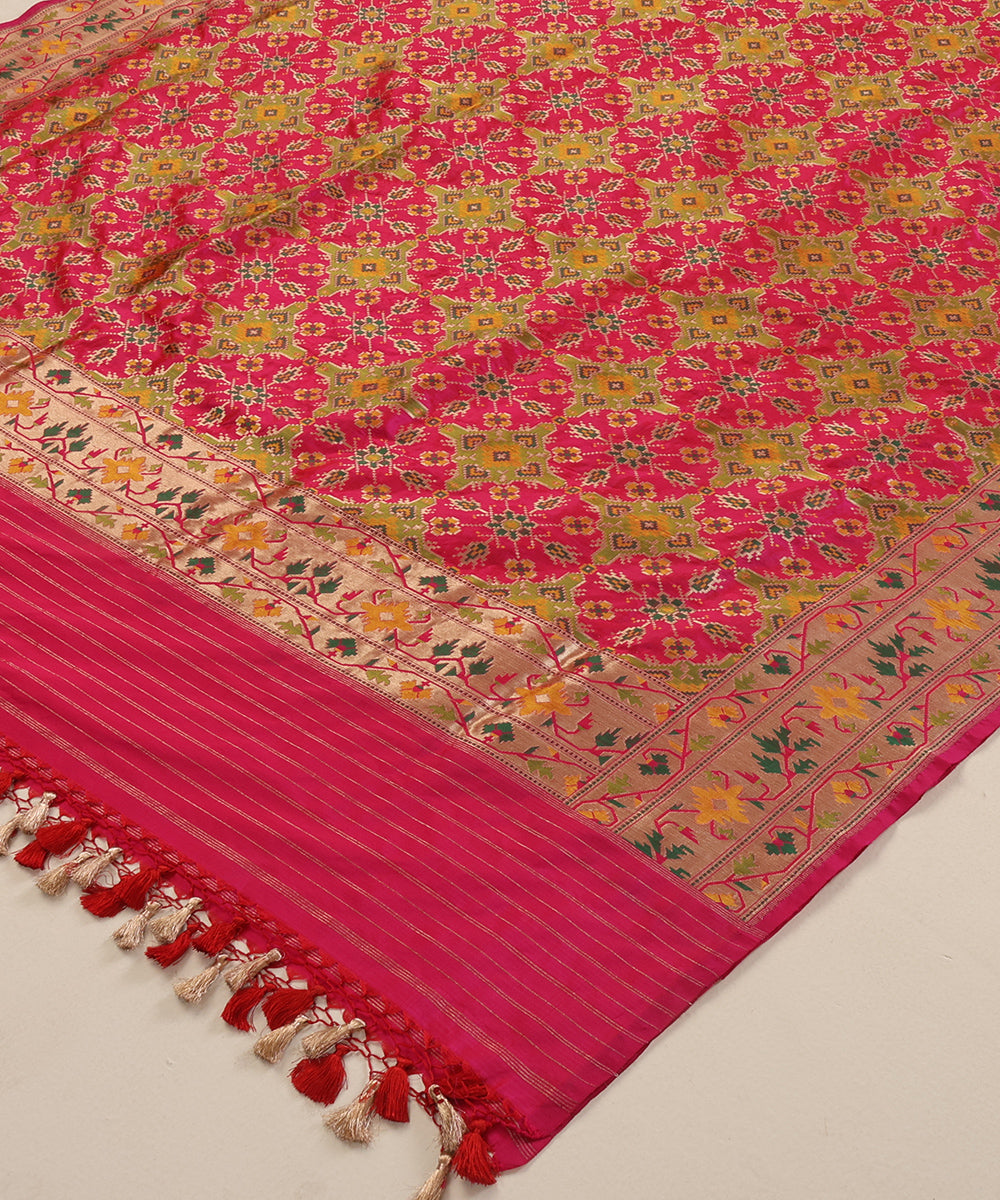Rani Pink Pure Katan Silk Handloom Banarasi Patola Dupatta with Meenakari