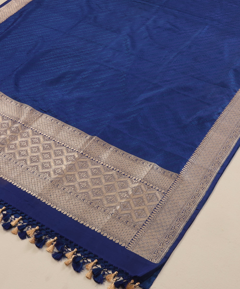 Blue Pure Satin Silk Handloom Tanchoi Banarasi Dupatta with Zari Border