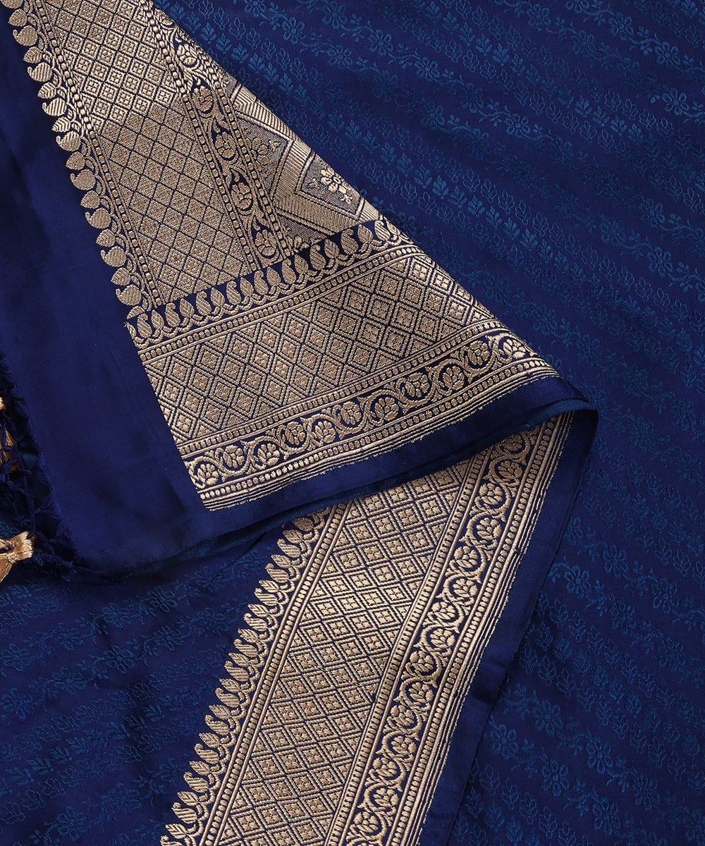 Blue Pure Satin Silk Handloom Tanchoi Banarasi Dupatta with Zari Border