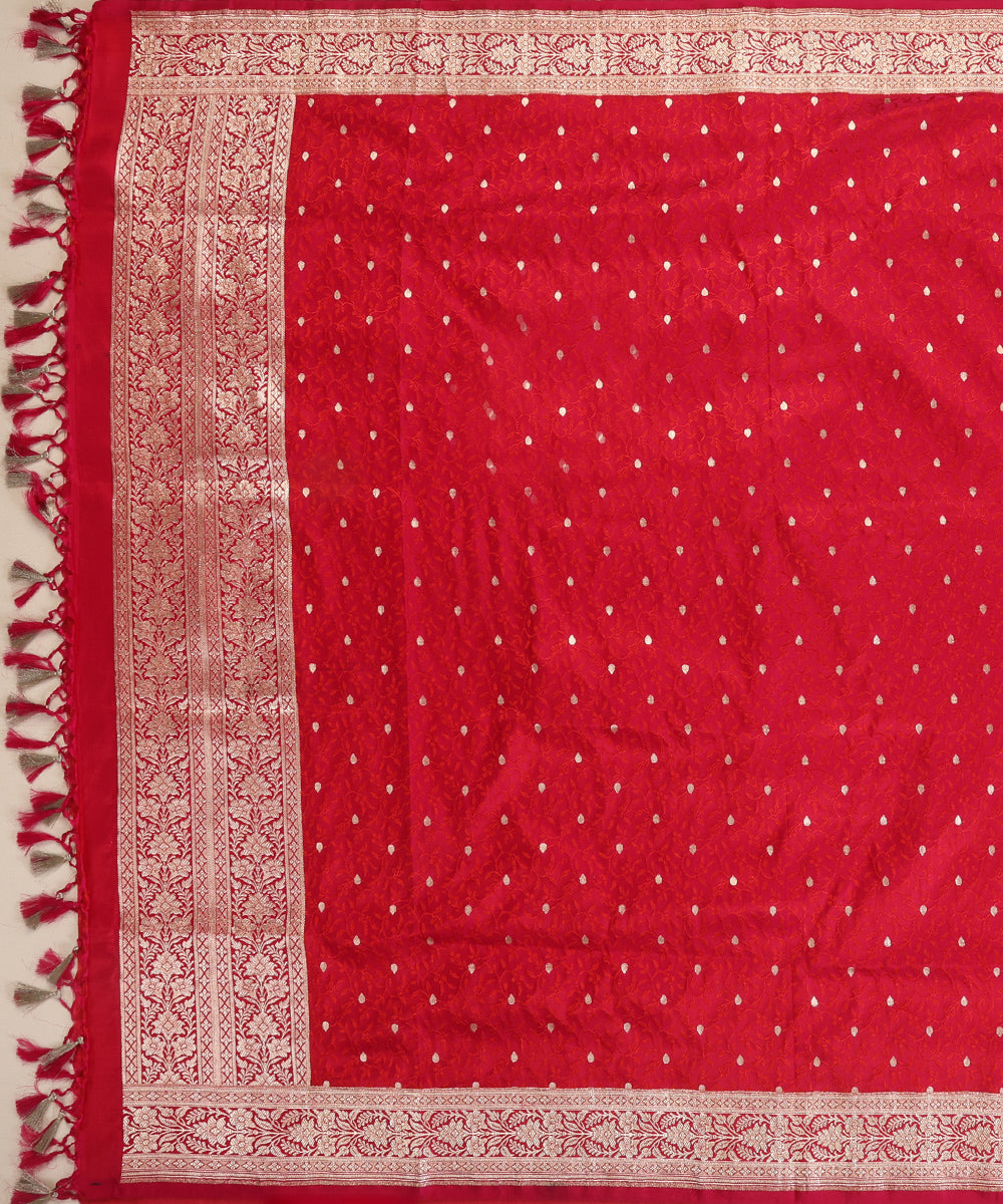 Red Pure Satin Silk Handloom Tanchoi Banarasi Dupatta with Zari Booti