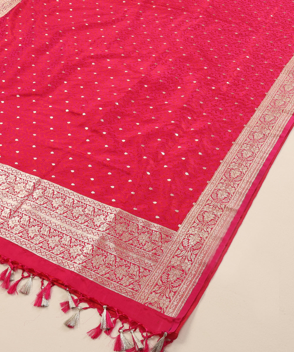 Red Pure Satin Silk Handloom Tanchoi Banarasi Dupatta with Zari Booti