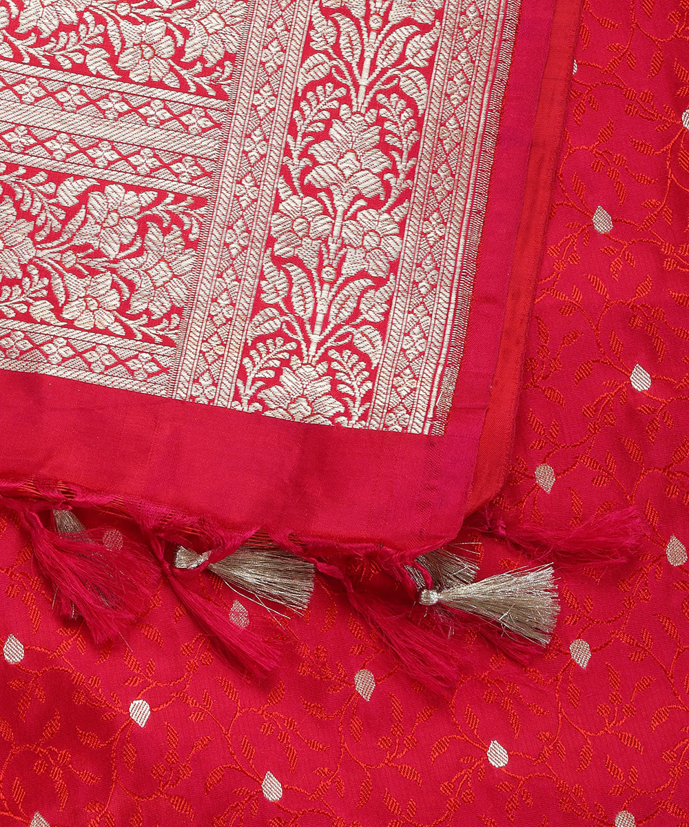 Red Pure Satin Silk Handloom Tanchoi Banarasi Dupatta with Zari Booti