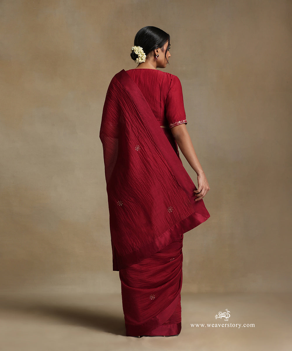Red_Hand_Embroidered_Pure_Chanderi_Saree_With_Stitched_Blouse_WeaverStory_03