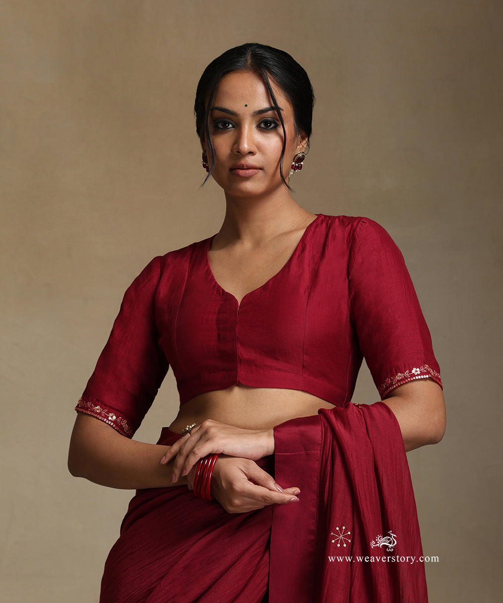 Red_Hand_Embroidered_Pure_Chanderi_Saree_With_Stitched_Blouse_WeaverStory_06