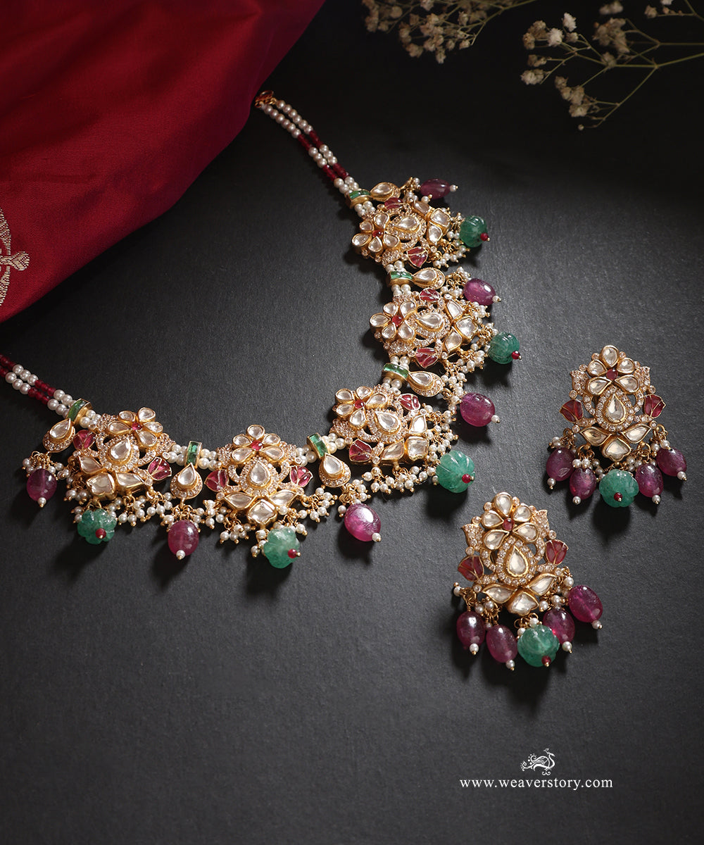 Nadira_Handcrafted_Silver_Choker_Set_With_Earrings_In_Meenakari_Jadau_Work_WeaverStory_01