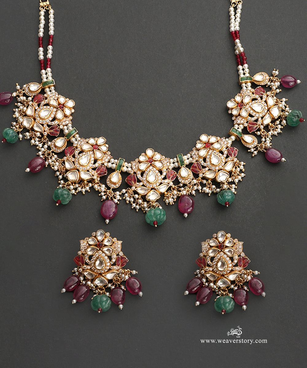 Nadira_Handcrafted_Silver_Choker_Set_With_Earrings_In_Meenakari_Jadau_Work_WeaverStory_02