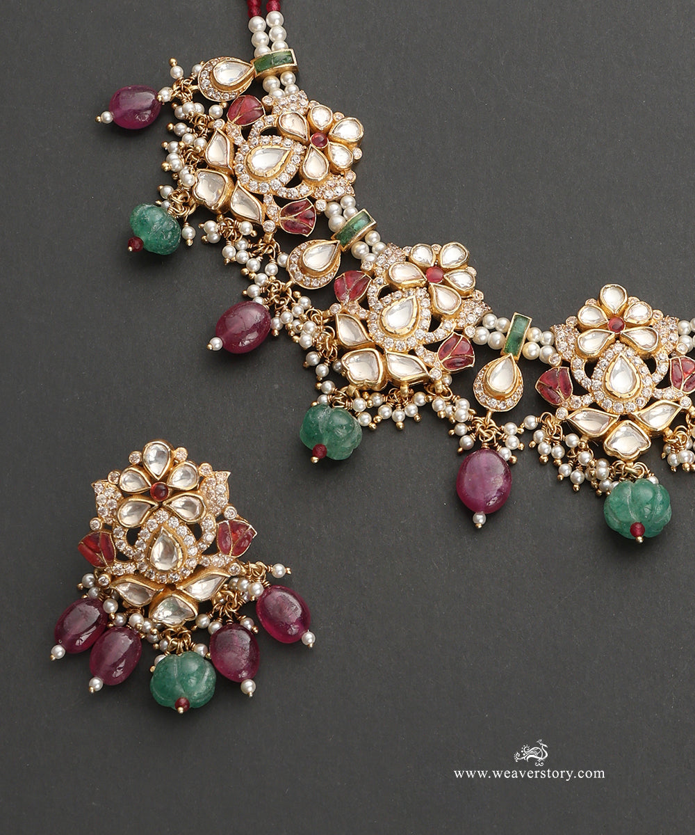 Nadira_Handcrafted_Silver_Choker_Set_With_Earrings_In_Meenakari_Jadau_Work_WeaverStory_04