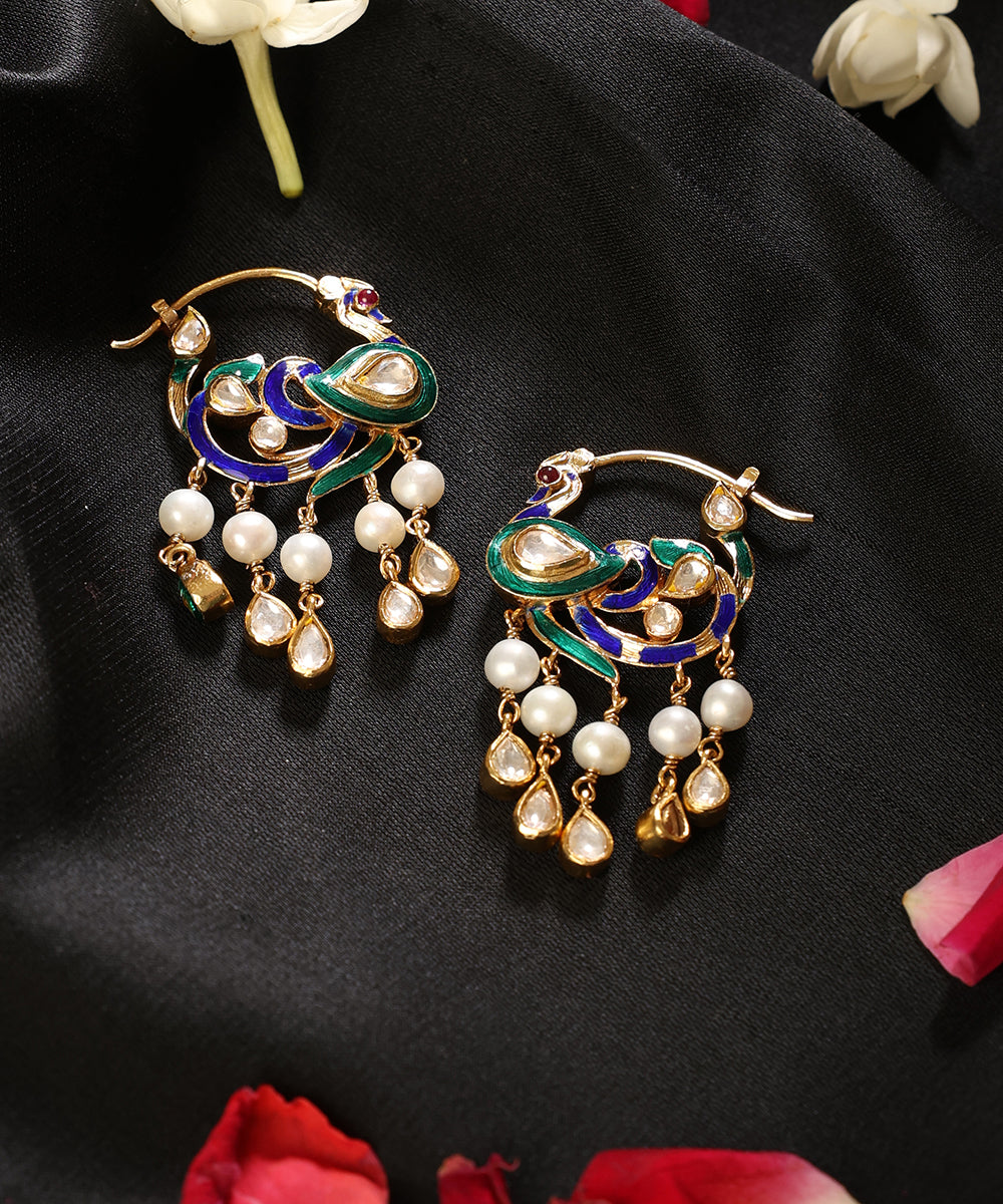 Mayurleela_Blue_&_Green_Meenakari_Peacock_Hoop_Earrings_WeaverStory_01