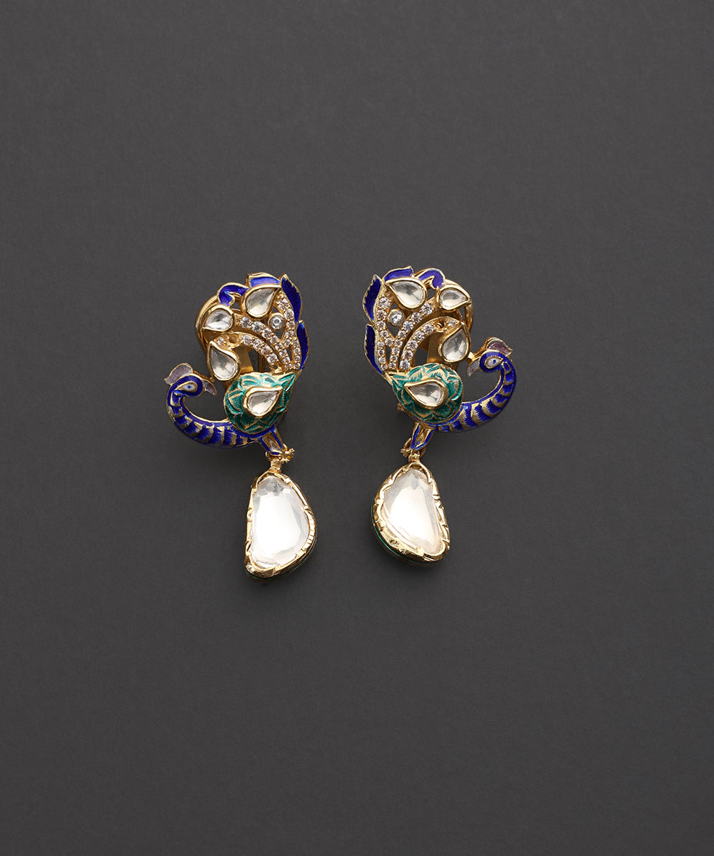 Neelmayuri_Blue_&_Green_Meenakari_Kundan_Peacock_Drop_Earrings_WeaverStory_02