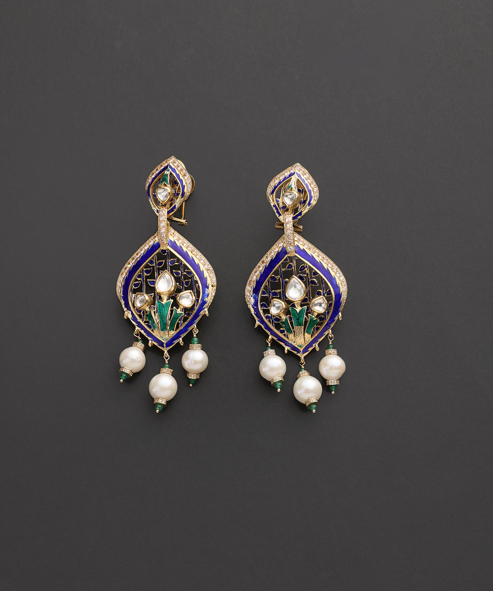 Neelpatra_Blue_&_Green_Meenakari_Kundan_Pearl_Drop_Earrings_WeaverStory_02