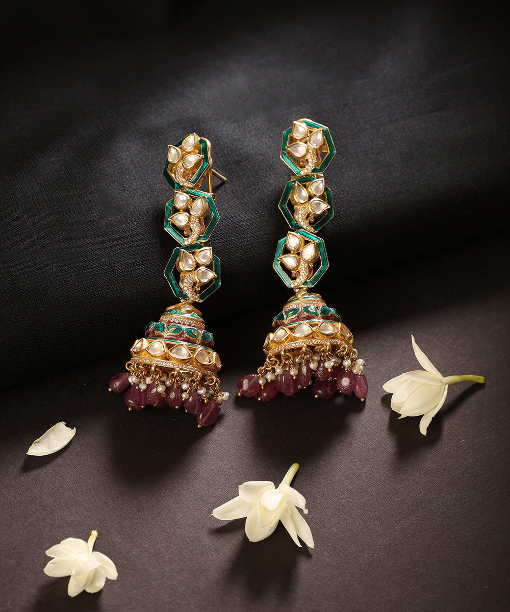 Ratnavali_Green_Meenakari_Kundan_Jhumka_Earrings_WeaverStory_01