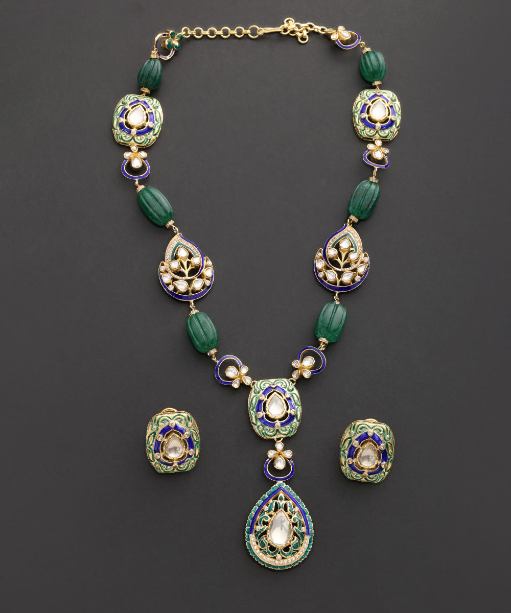 Neel_Pankh_Kundan_Necklace_Set_with_Green_Beads_&_Blue_Meenakari_WeaverStory_02