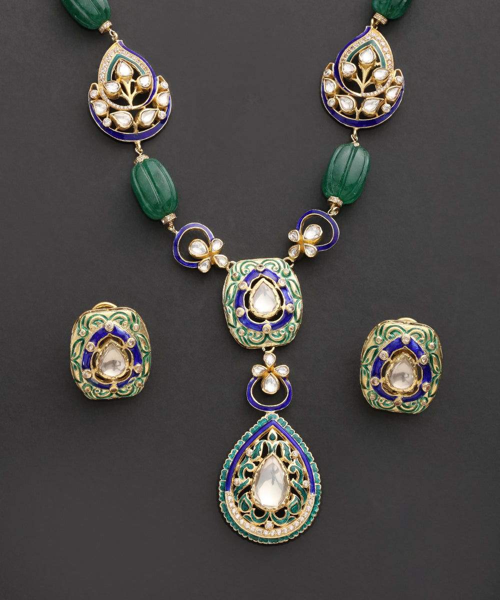 Neel_Pankh_Kundan_Necklace_Set_with_Green_Beads_&_Blue_Meenakari_WeaverStory_03
