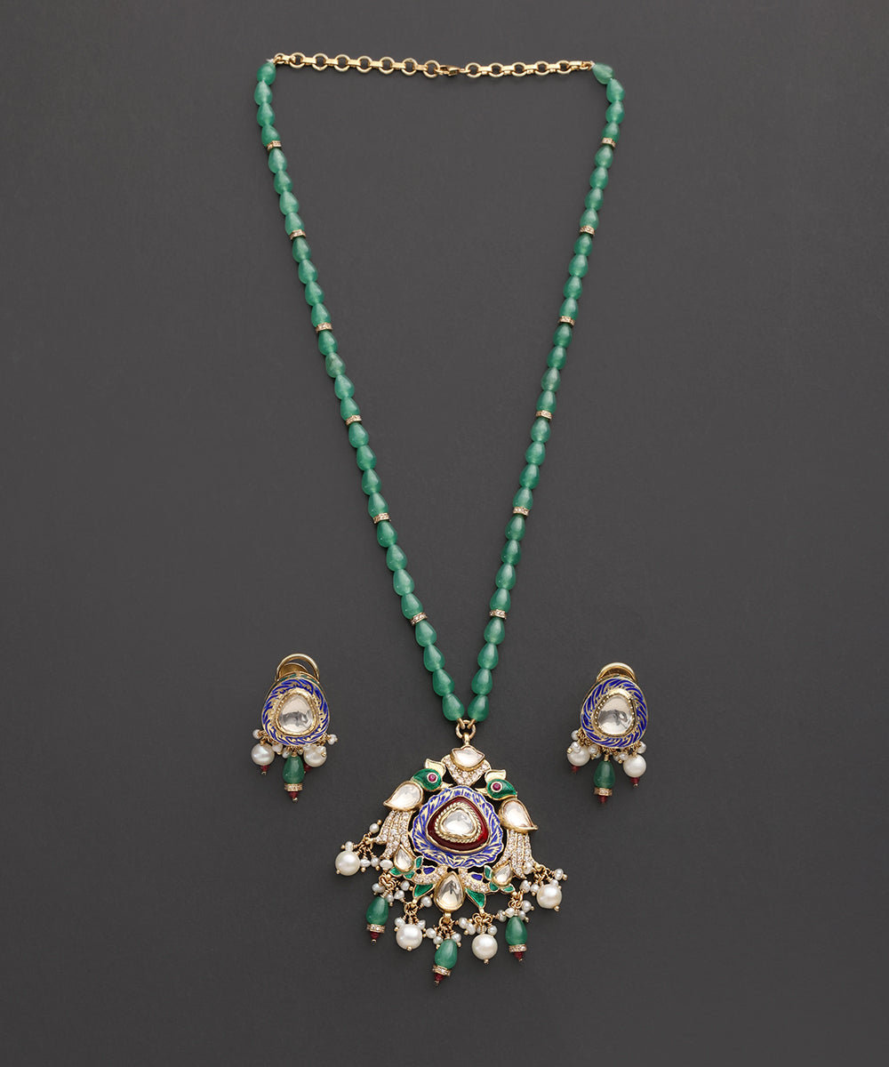 Mayurika_Green_Beaded_Kundan_Pendant_Set_with_Meenakari_WeaverStory_02