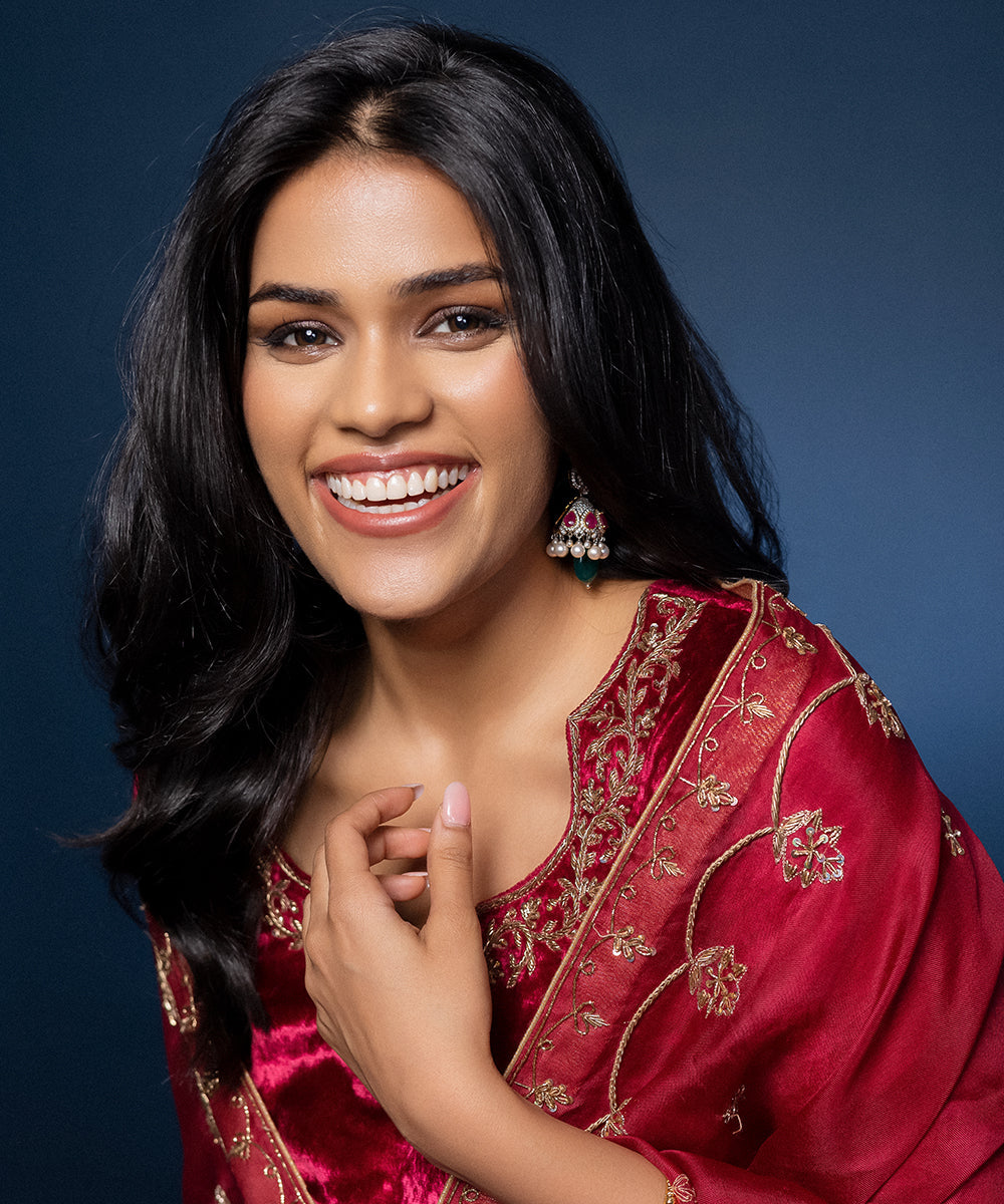 Anjali Sharma In Maroon Pure Velvet Hand Embroidered Zardozi Kurta Set Ready To Wear Silk Ensembles