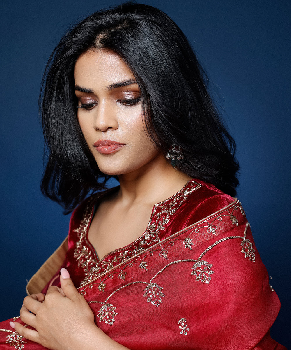 Anjali Sharma In Maroon Pure Velvet Hand Embroidered Zardozi Kurta Set Ready To Wear Silk Ensembles