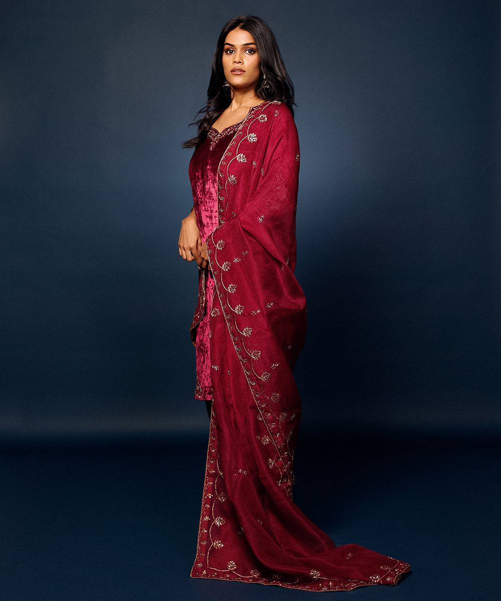 Anjali Sharma In Maroon Pure Velvet Hand Embroidered Zardozi Kurta Set Ready To Wear Silk Ensembles