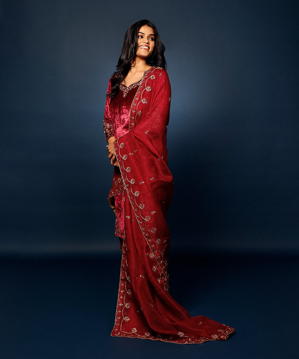 Anjali Sharma In Maroon Pure Velvet Hand Embroidered Zardozi Kurta Set Ready To Wear Silk Ensembles