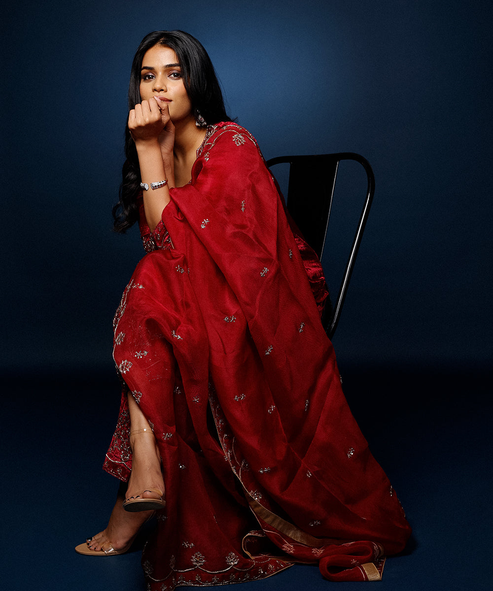 Anjali Sharma In Maroon Pure Velvet Hand Embroidered Zardozi Kurta Set Ready To Wear Silk Ensembles
