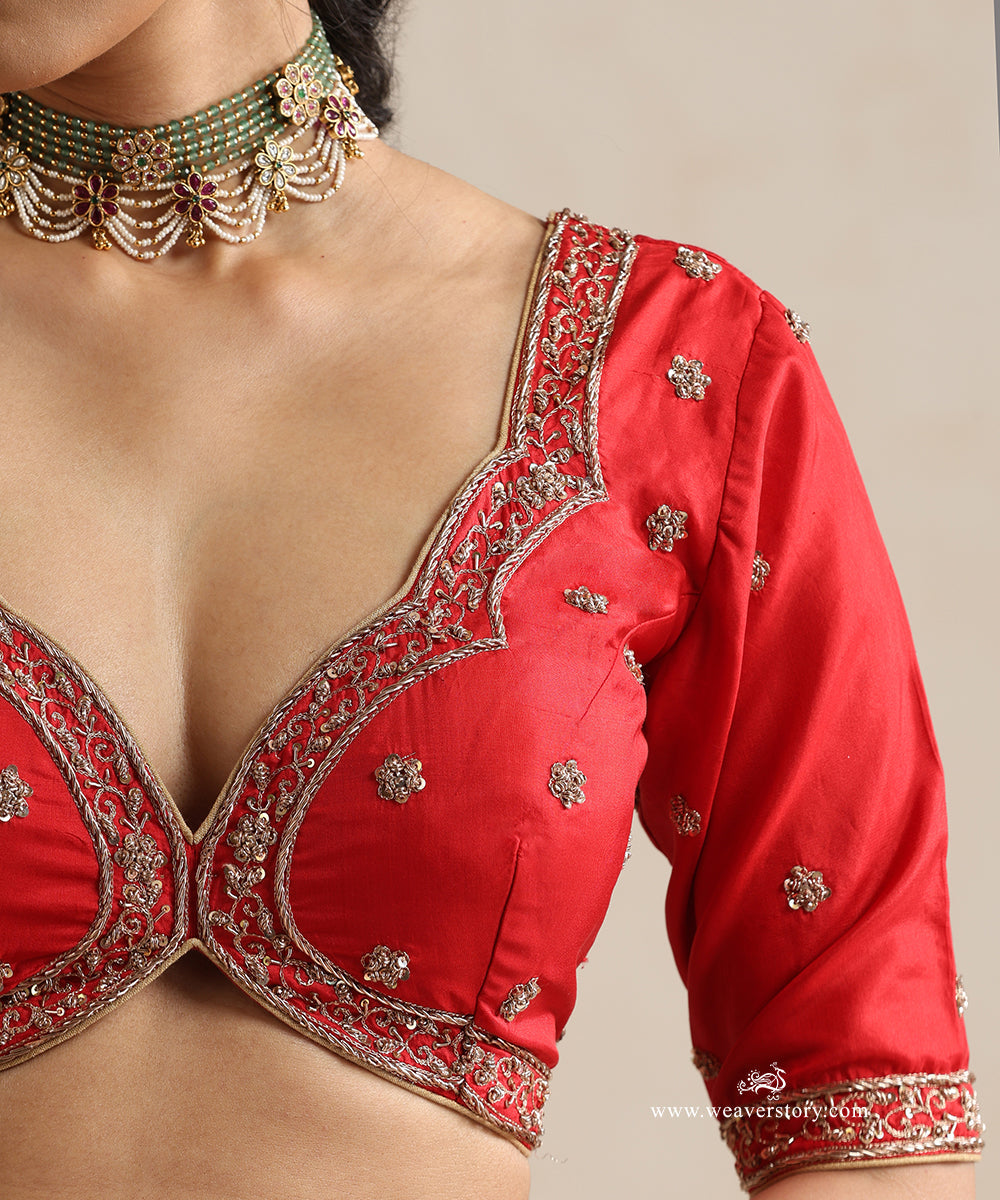 Red_Raw_Silk_Blouse_In_Illusion_Jacket_Style,_Hand_Embroidered_Zardozi_Work_WeaverStory_03