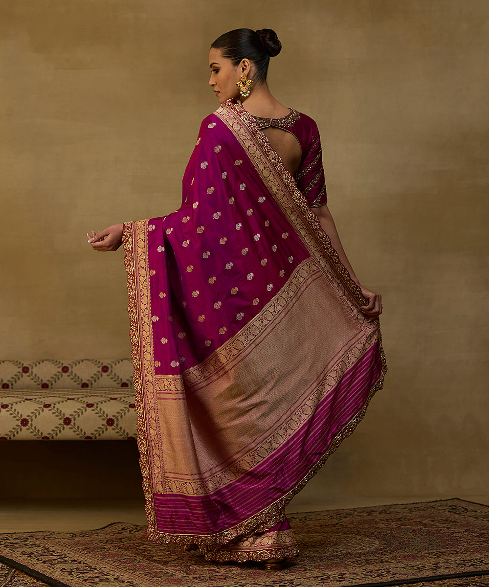 Purple Handloom Pure Katan Silk Banarasi Saree With Embroidered Red Scallop Border