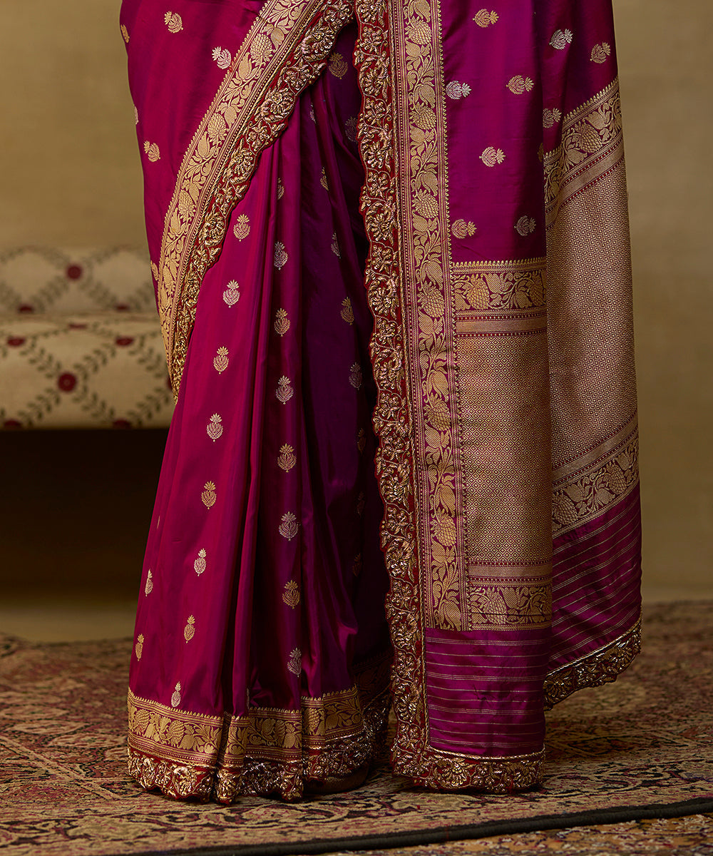 Purple Handloom Pure Katan Silk Banarasi Saree With Embroidered Red Scallop Border