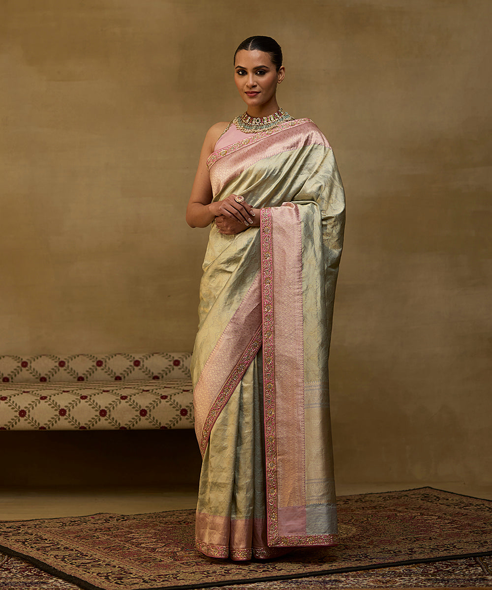 Handloom Pastel Green Pure Katan Silk Banarasi Saree With Embroidery On Borders