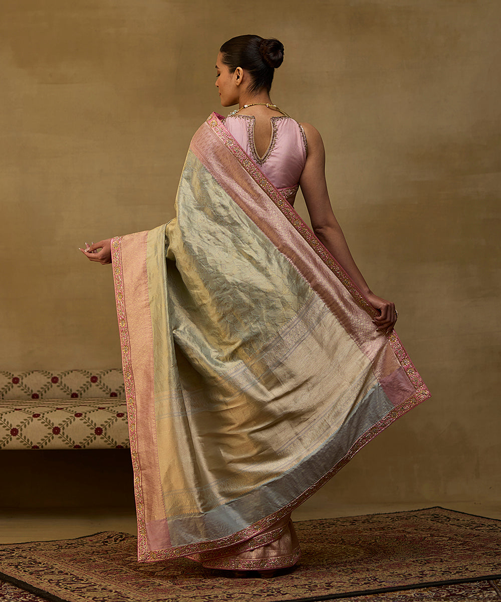 Handloom Pastel Green Pure Katan Silk Banarasi Saree With Embroidery On Borders